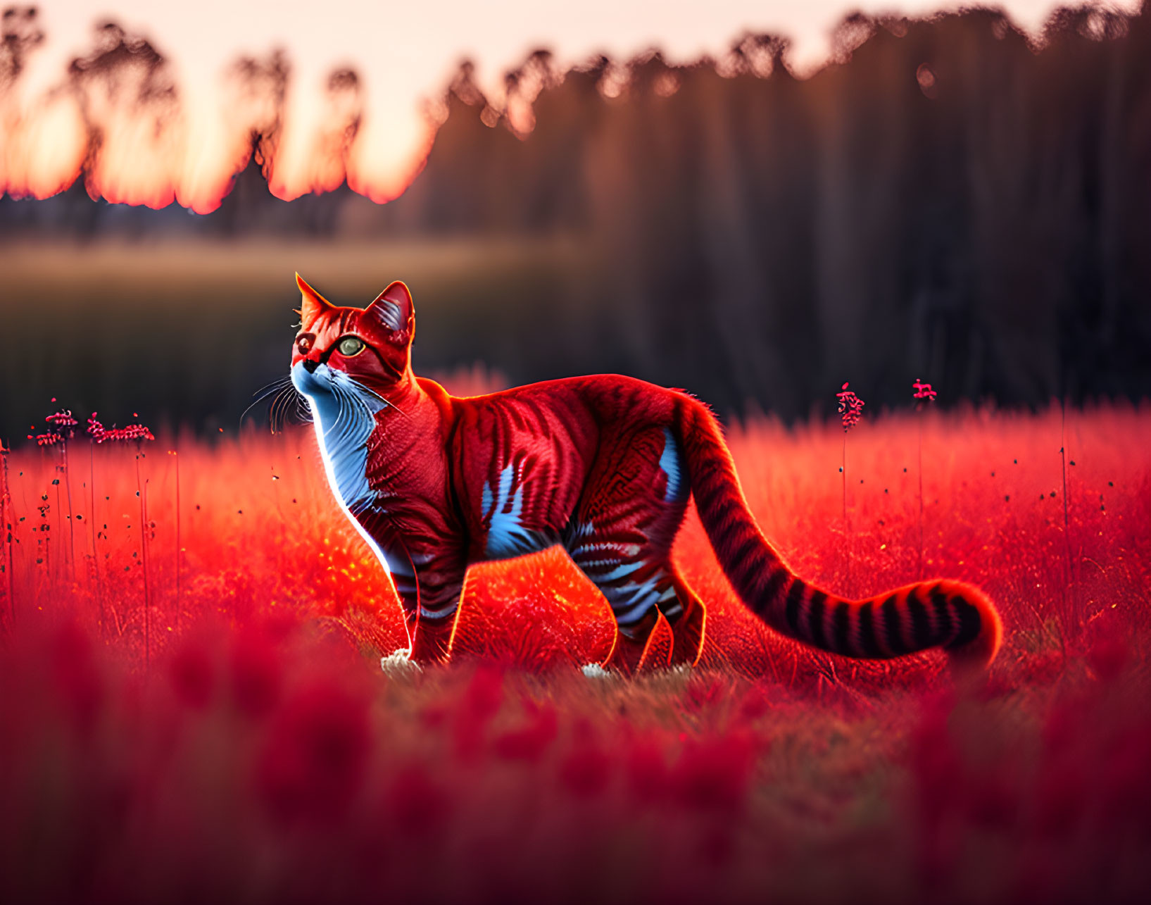 Orange Cat with Striking Stripes in Red Flower Field at Sunset