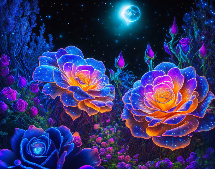 Neon-colored flowers on dark background with crescent moon