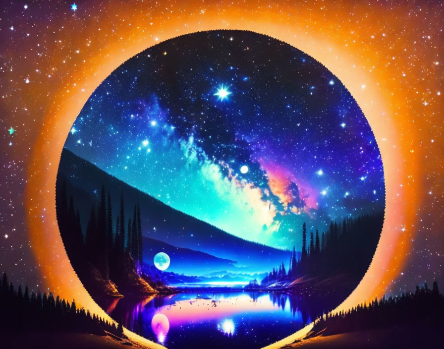 Surreal circular landscape blending night and day with starry sky, tranquil lake, forest silhou