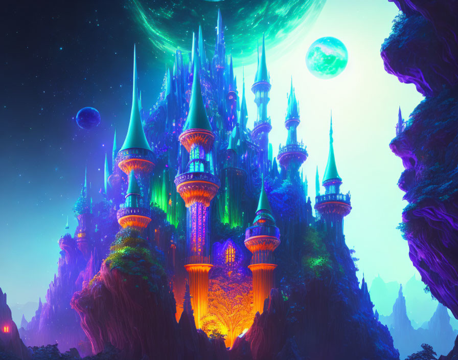 Majestic castle surrounded by glowing spires in alien landscape