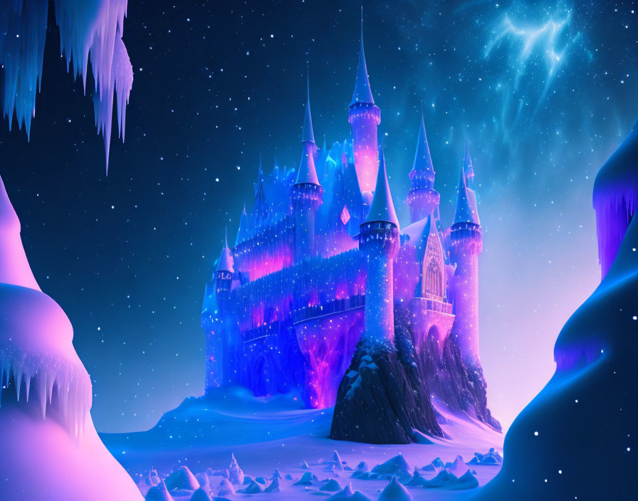 Snowy Castle in Mystical Night Sky with Shooting Stars