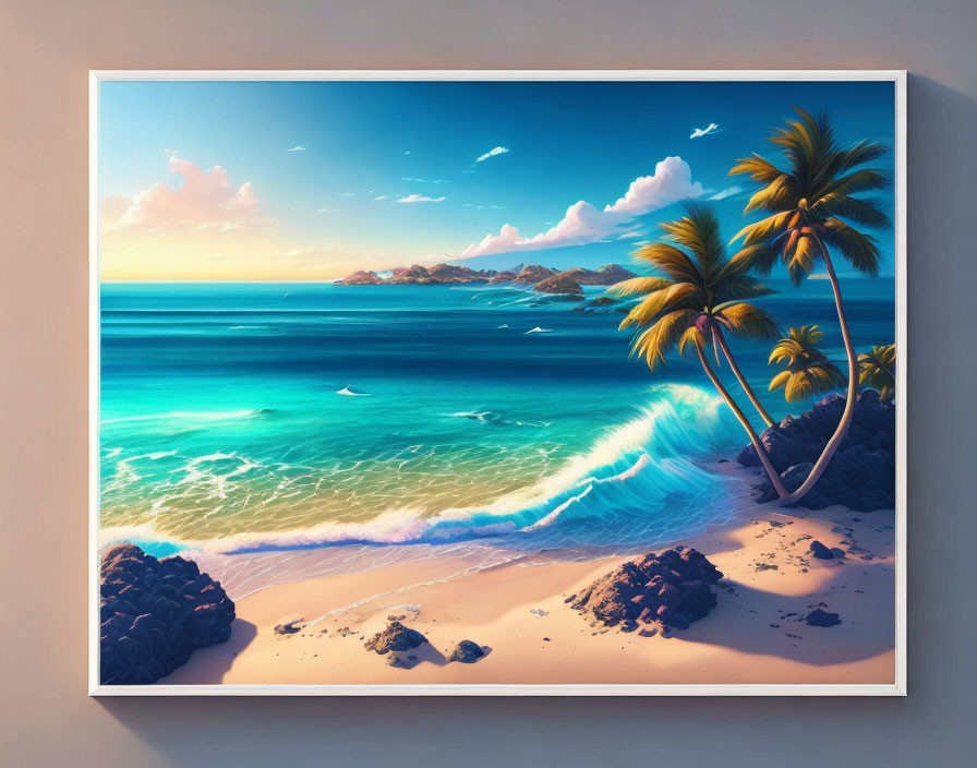 Tropical beach landscape with palm trees, blue water, waves, and mountains