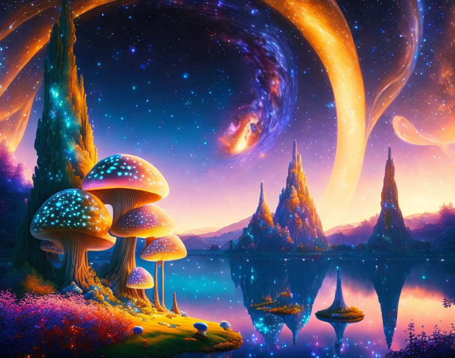 Fantasy landscape with luminous mushrooms, vivid flora, serene lake, starry sky.
