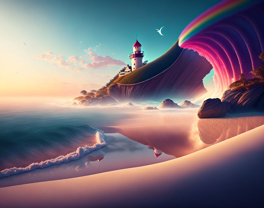 Seascape with lighthouse, rainbow, calm seas, serene sky