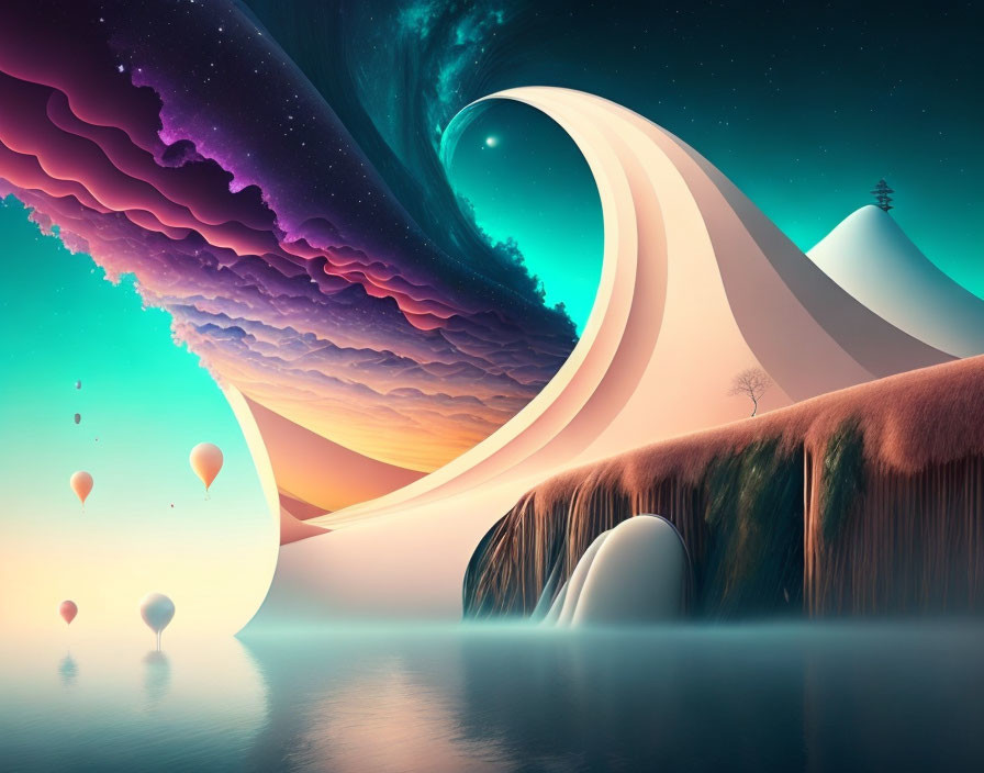 Surreal landscape with floating island waterfall and cosmic sky