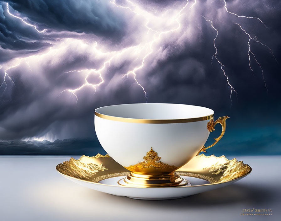 White and Gold Porcelain Cup and Saucer Set Against Dark Stormy Clouds