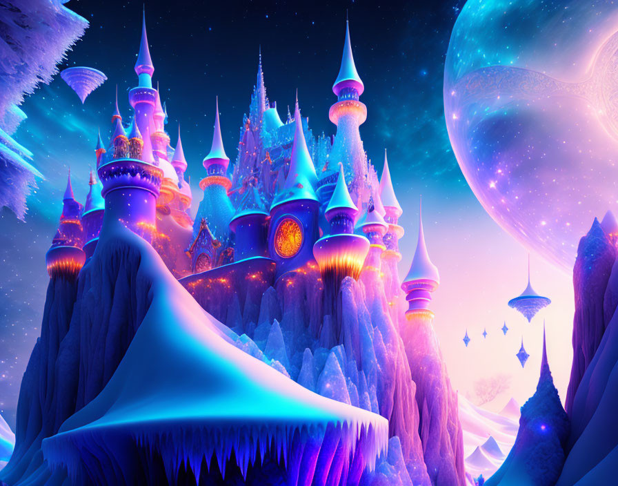 Fantasy castle on snowy peak under starry sky with moon & floating islands