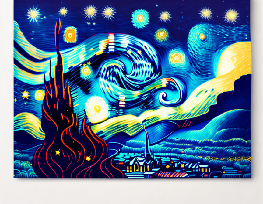 Colorful interpretation of swirling sky and cypress tree in "Starry Night