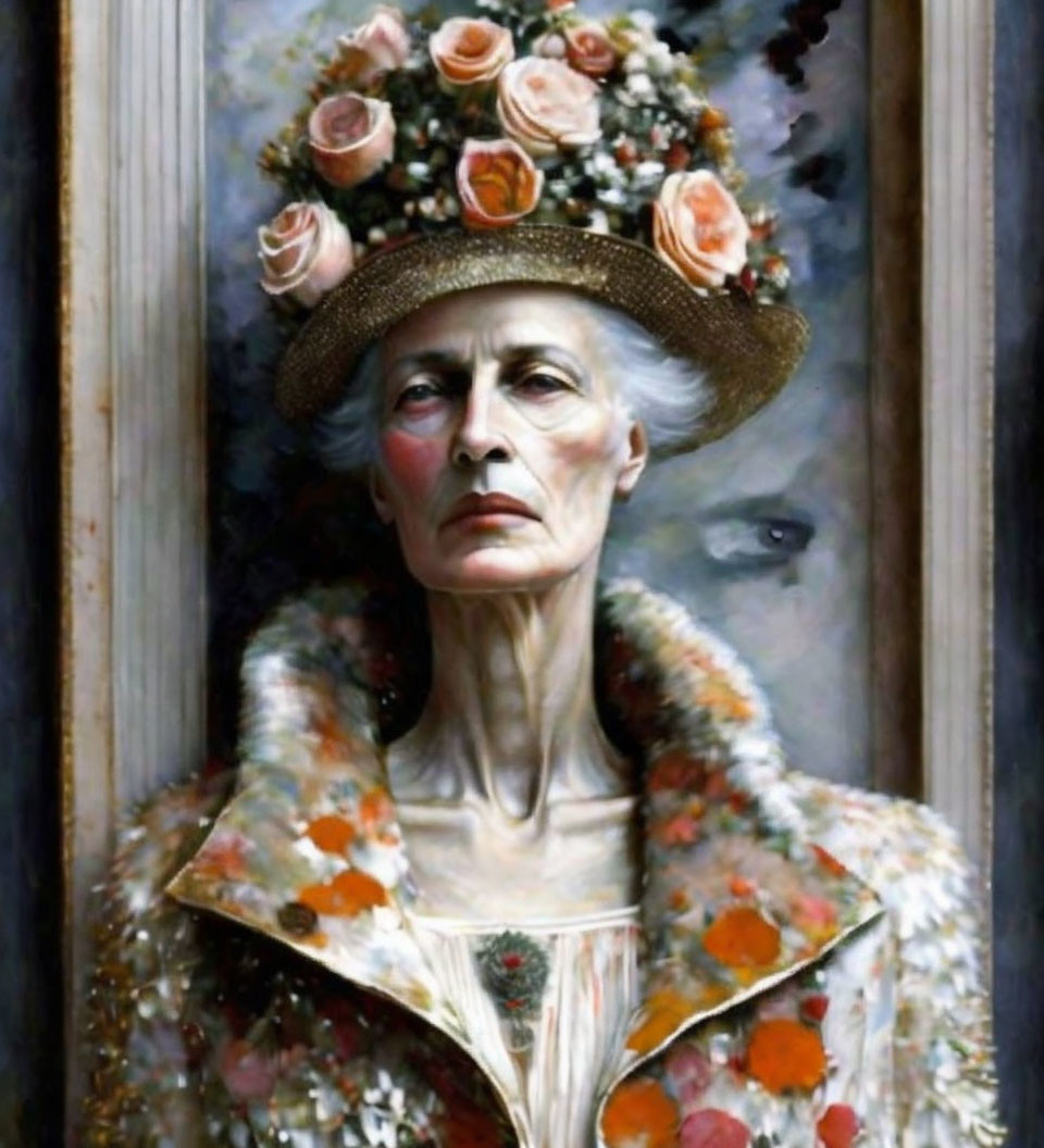Elderly woman wearing floral hat and coat in front of blurred background