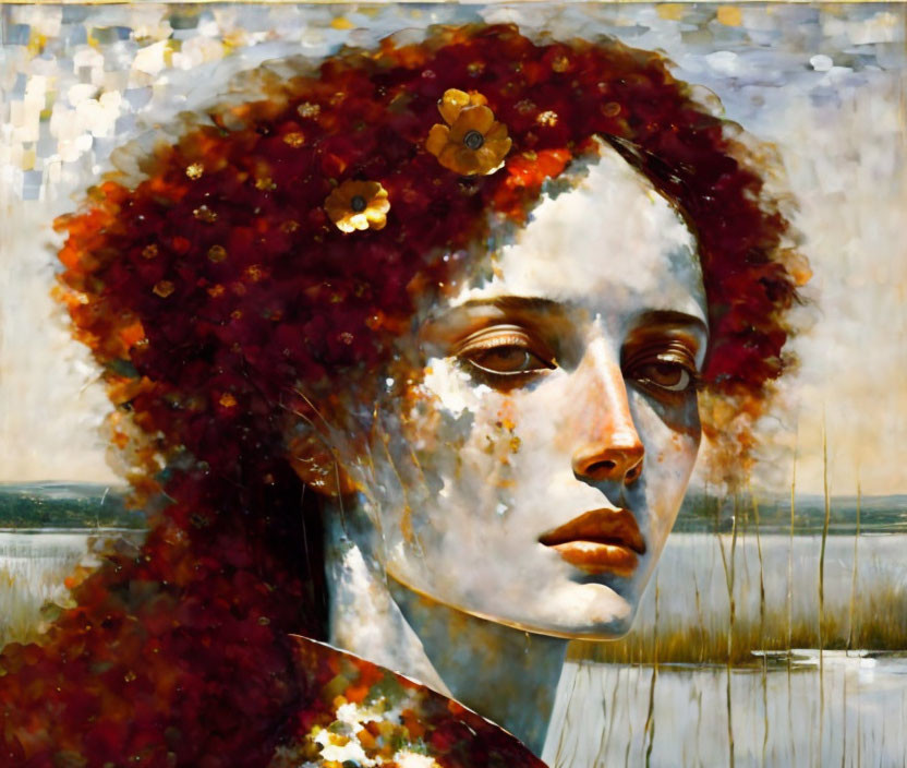 Portrait of a Woman with Red Curly Hair and Floral Accents