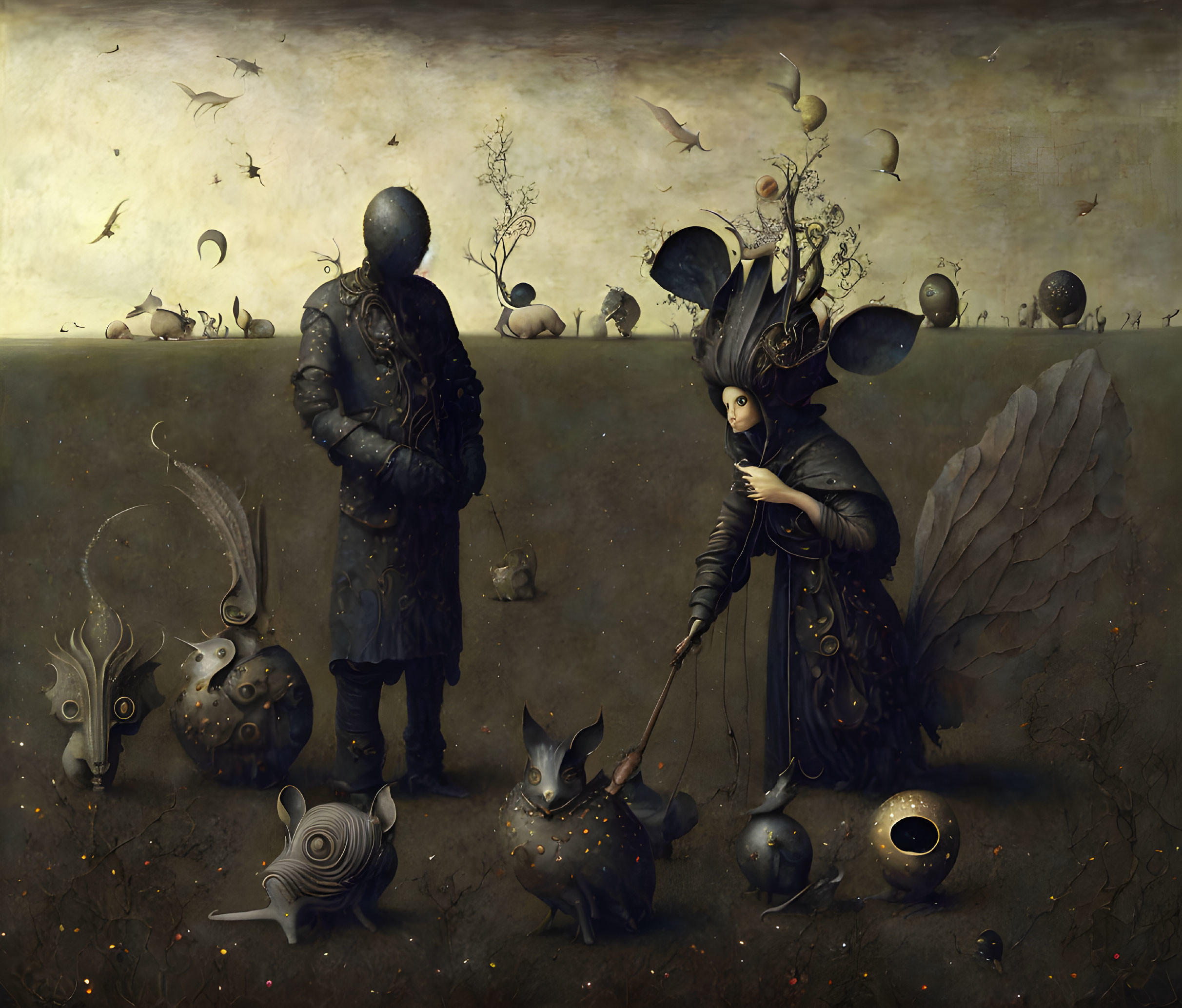 Surreal painting featuring figures in ornate outfits and whimsical landscape