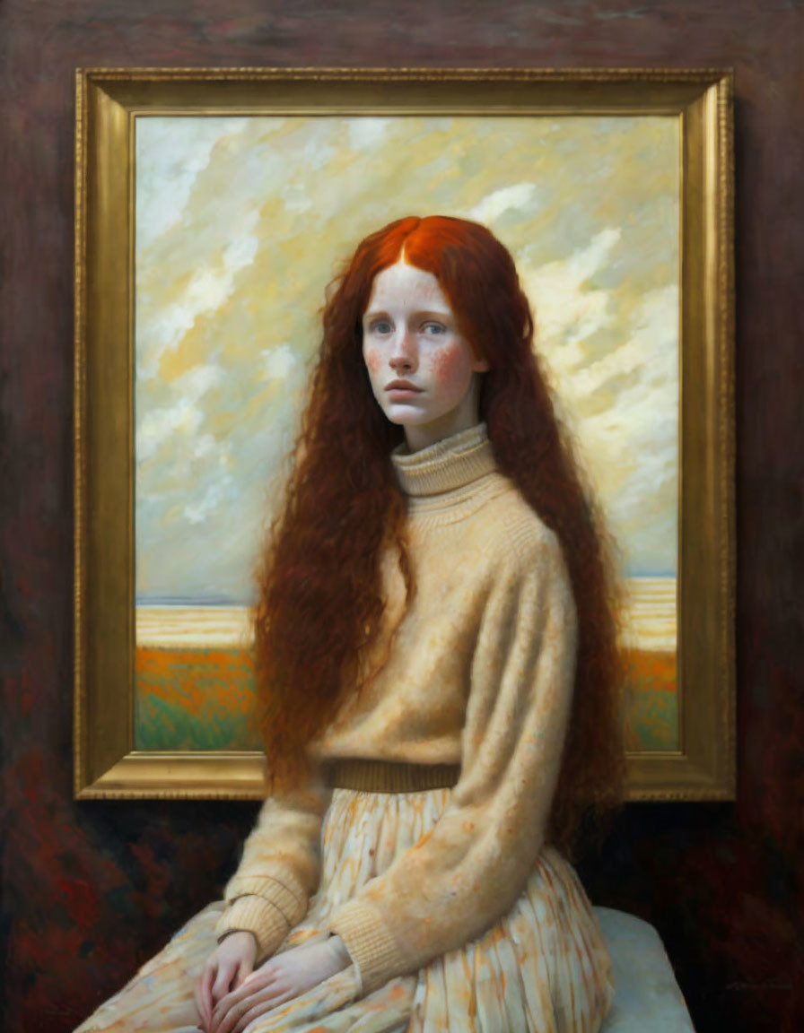 Red-haired woman in cream turtleneck seated in front of framed cloud painting