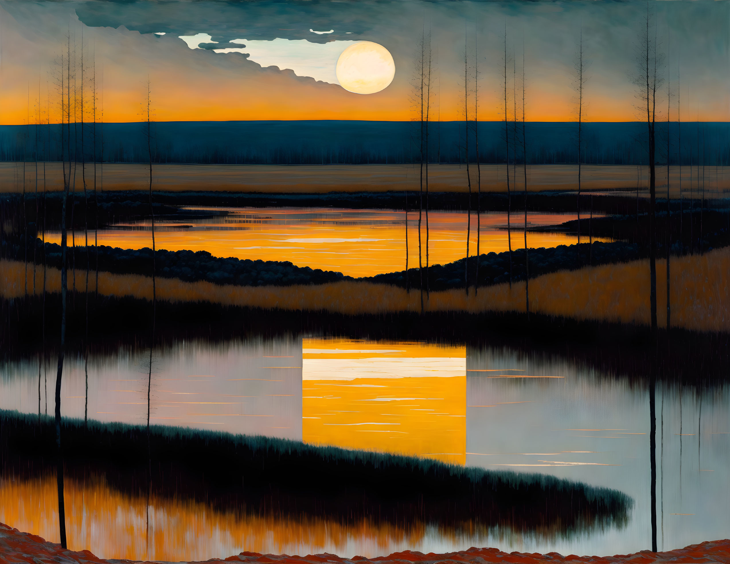 Tranquil landscape painting: full moon, calm water, silhouetted trees, vibrant twilight