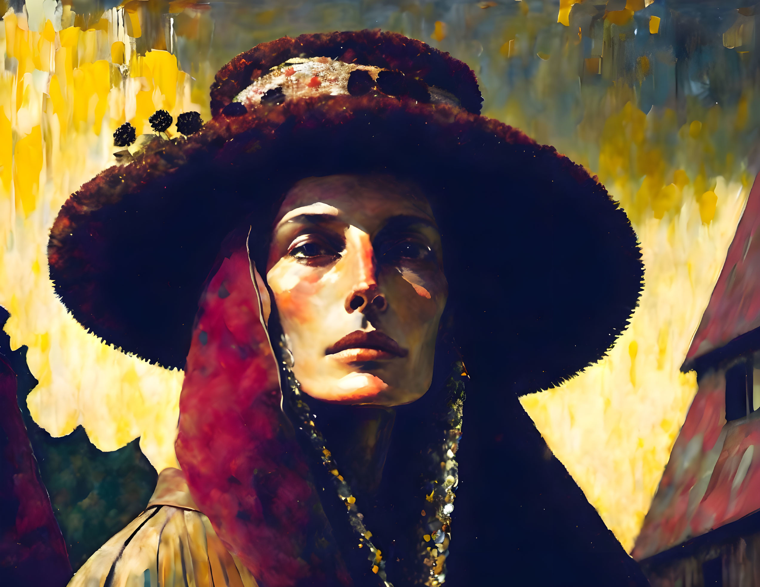 Vibrant portrait of a woman in wide-brimmed hat and scarf