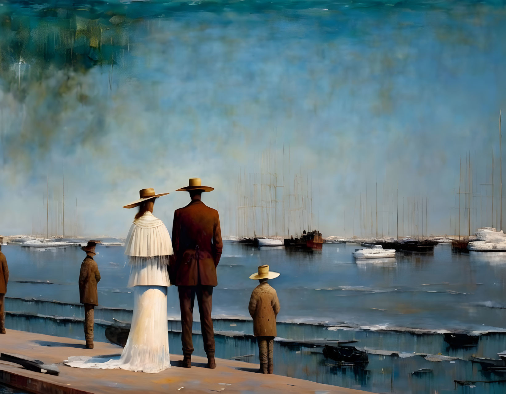 Vintage Attired Family Observing Harbor with Sailboats