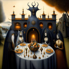 Surreal robed figures around fruit table with castle and orbs