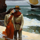 Vintage attire couple by sea with sailboat in oil painting