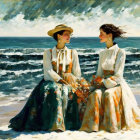 Two women in vintage dresses with hats by the sea under cloudy sky