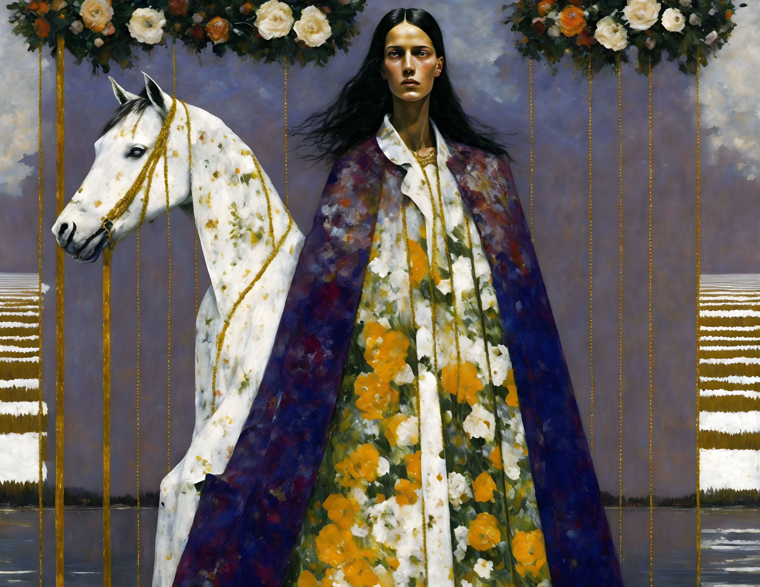 Woman with Dark Hair Beside White Horse in Floral Setting