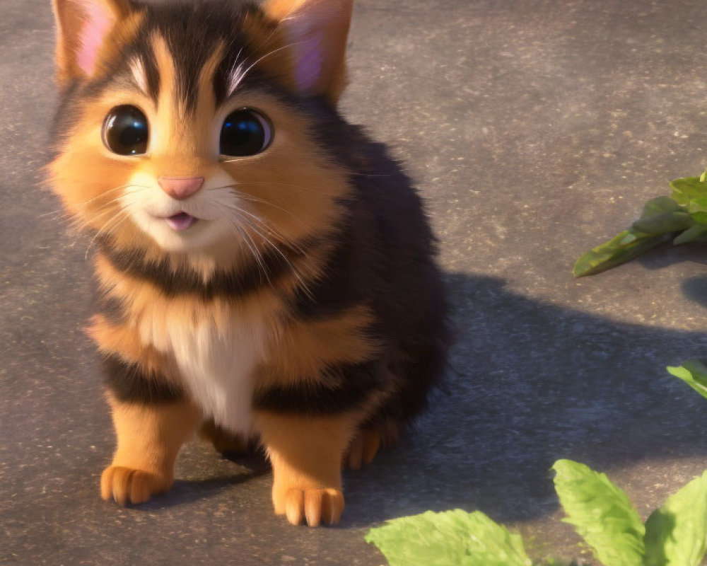 Adorable animated kitten with big eyes and striped fur in nature setting