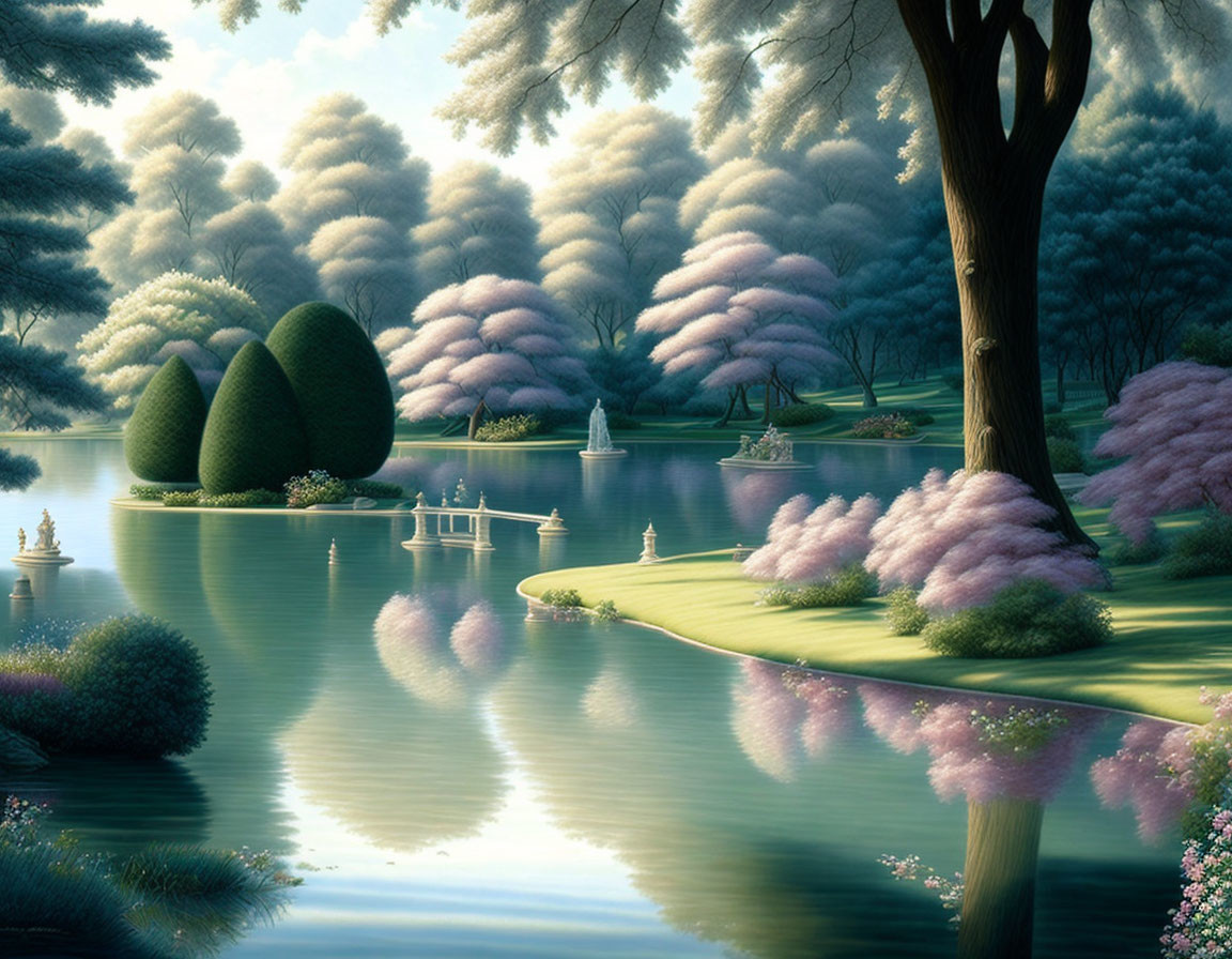 Whimsical landscape with pink and green trees, lake, and swans