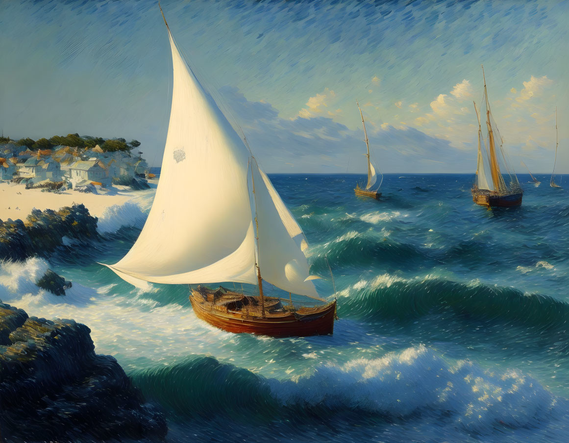 Sailboat painting with white sail on choppy blue seas near coastal village