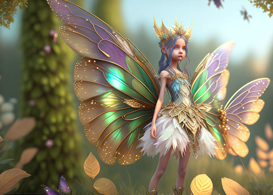 Enchanting fairy with iridescent wings in forest setting