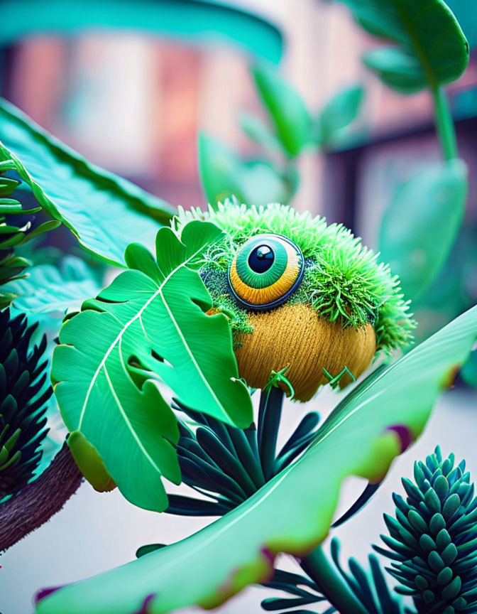 Colorful one-eyed creature with green spiky hair blending in tropical foliage