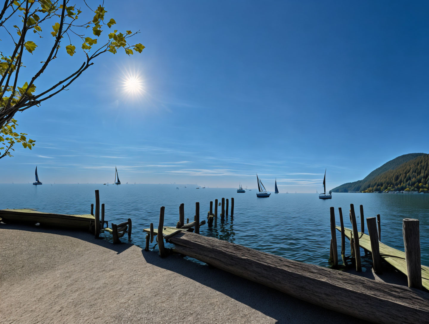 Tranquil lakeside scene with sailboats, hills, and sunny sky