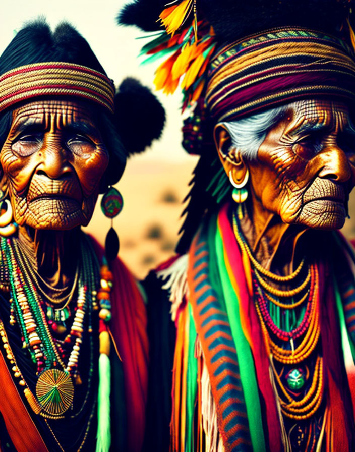 Elderly individuals in traditional indigenous attire with feather headpieces