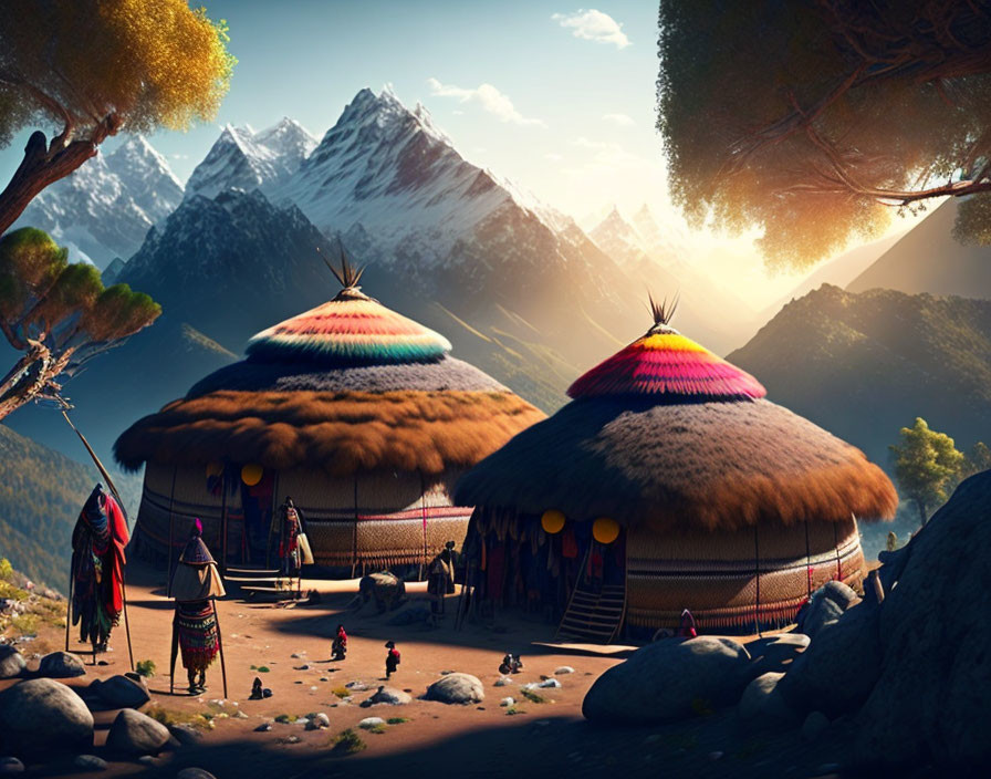 Vibrant traditional huts with thatched roofs in mountainous sunset scene