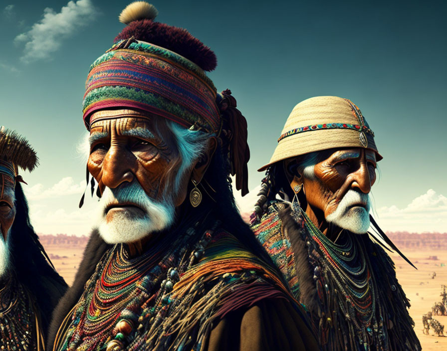 Three individuals in traditional indigenous attire and elaborate headdresses with face paint, standing in the desert.