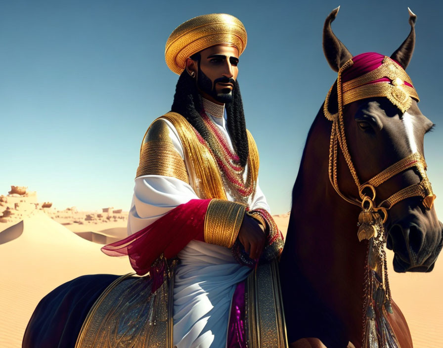 Middle Eastern figure in traditional attire with horse in desert setting
