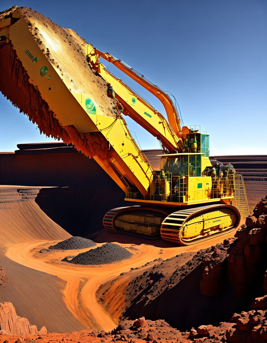 Massive yellow excavator in red-brown mining site under blue sky