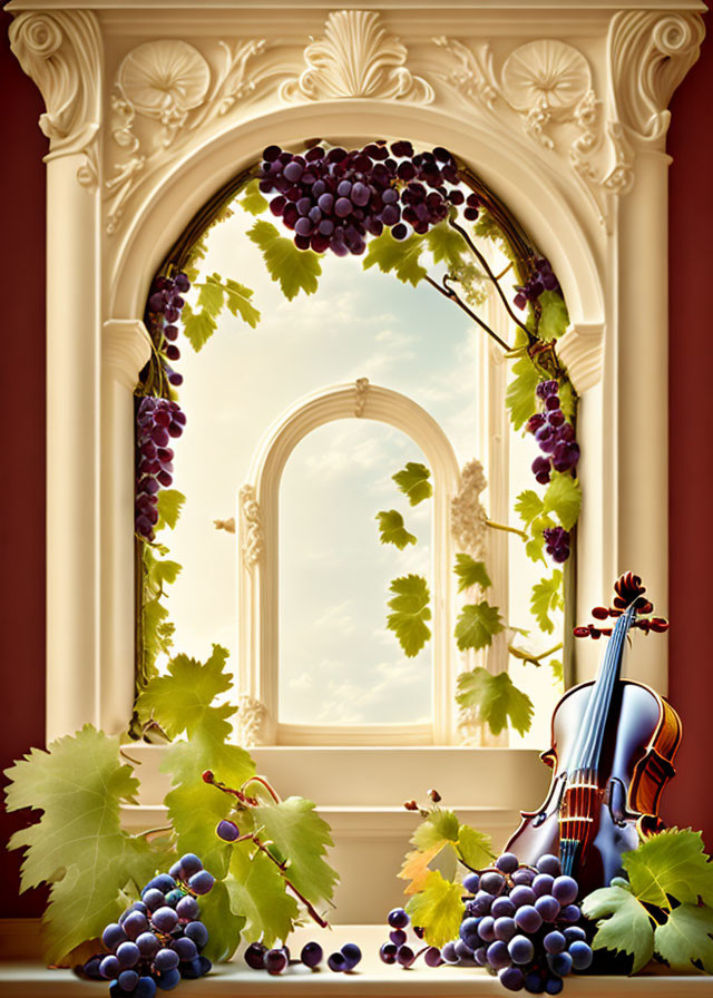 Ornate window with vine, grapes, violin, and clear sky view