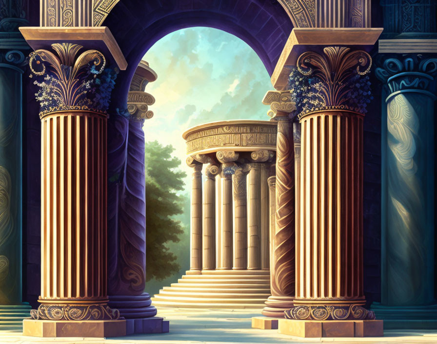 Illustration: Ornate Corinthian columns framing classical temple in forest with warm light
