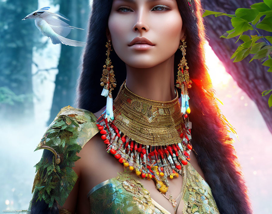 Digital artwork featuring woman with tribal jewelry and bird in mystical forest.