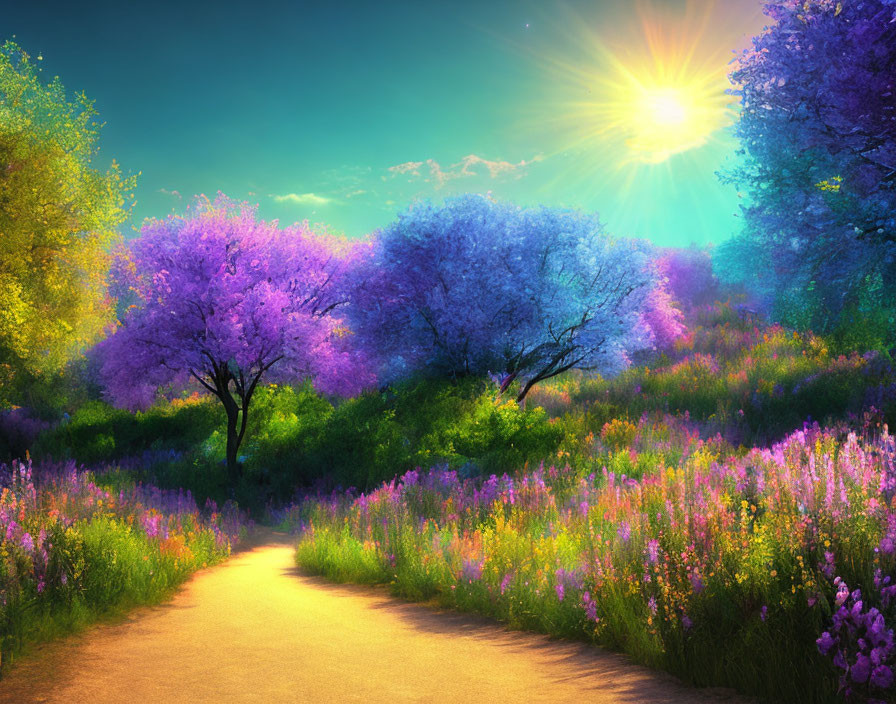 Scenic pathway with blooming purple trees and flowers