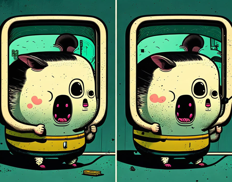 Cartoonish panda in spacesuit in two scenes with subtle differences