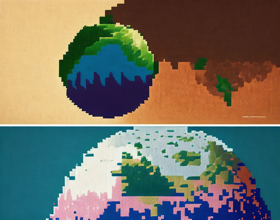 Pixelated diptych of warm and cool tones stylizing Earth