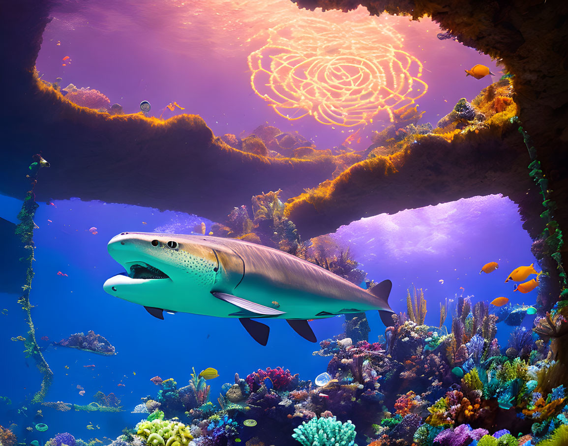 Colorful Fish and Shark in Vibrant Coral Reef Scene