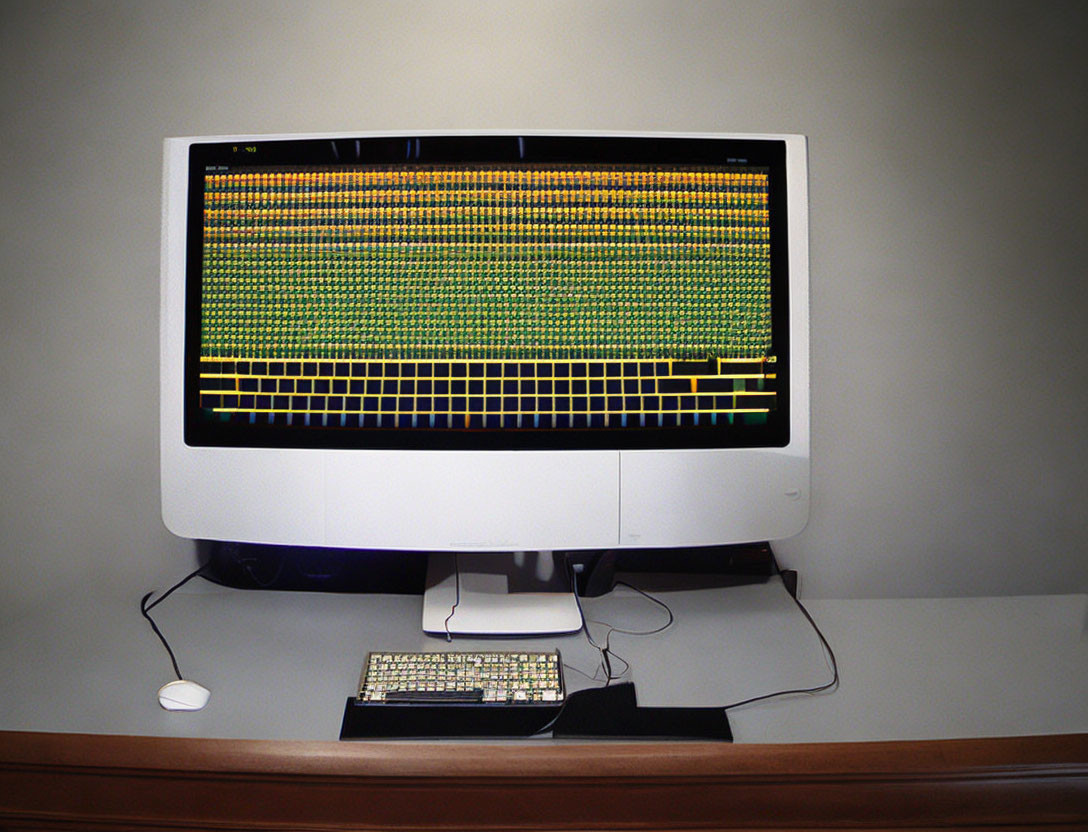 Vintage CRT Computer Monitor Displaying Yellow and Green Text-Based Graphics