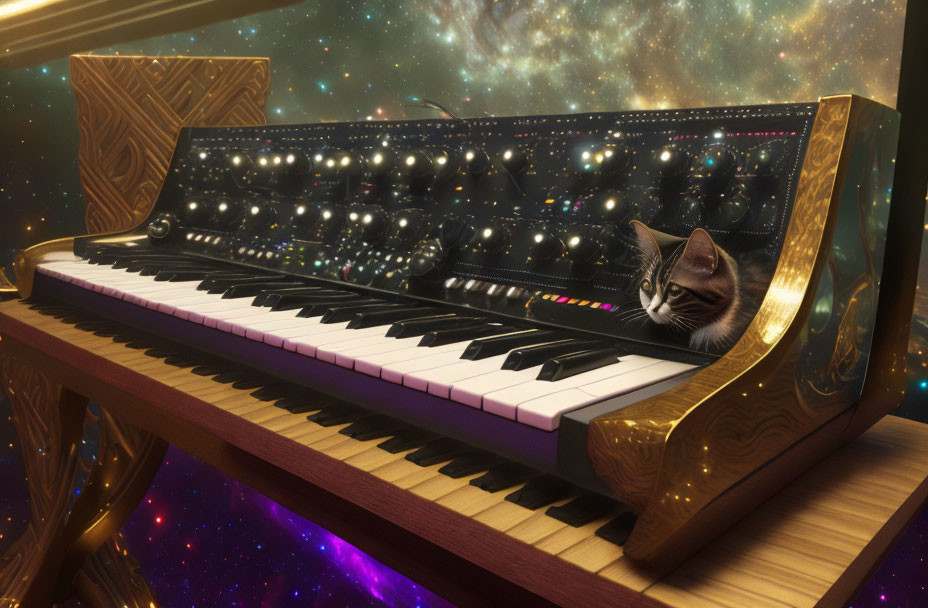 Cat between black and white piano keys on cosmic background