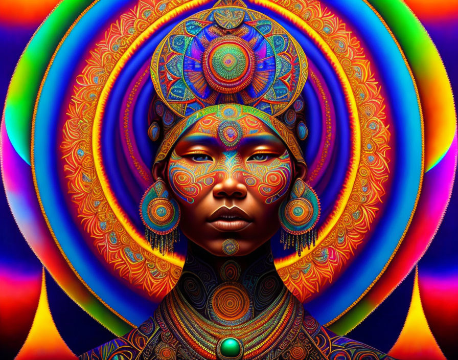 Colorful digital artwork of woman with intricate patterns and mandalas in spiritual setting.