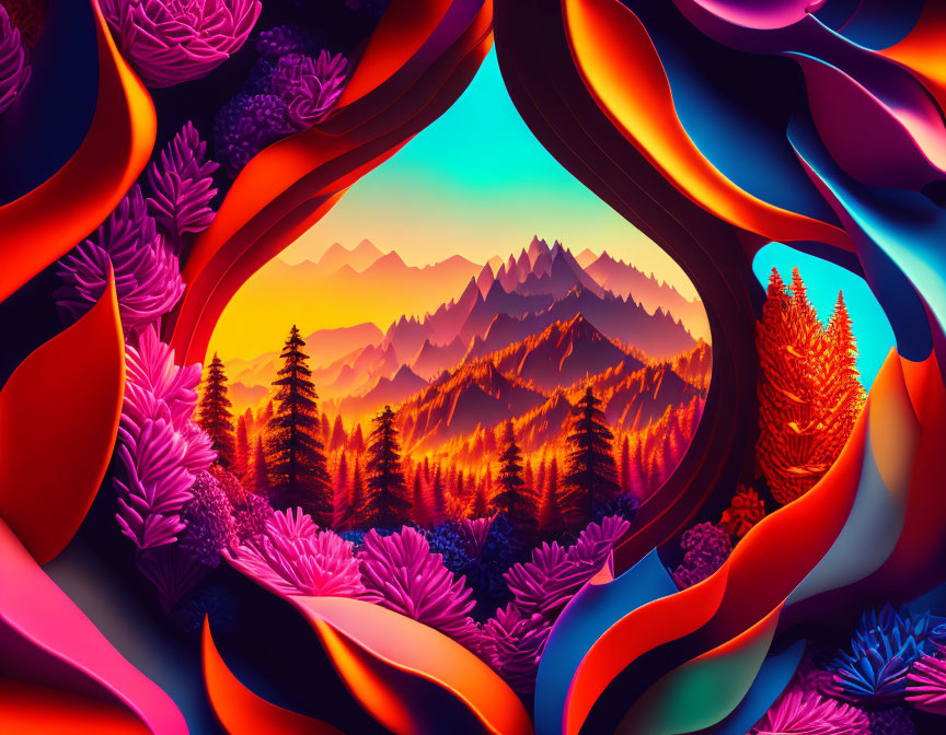 Colorful digital artwork: Mountains at sunset with abstract shapes and foliage