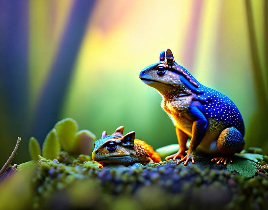 Colorful Frogs on Foliage in Enchanted Forest Scene