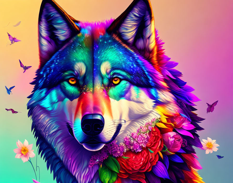 Colorful Flowers & Wolf