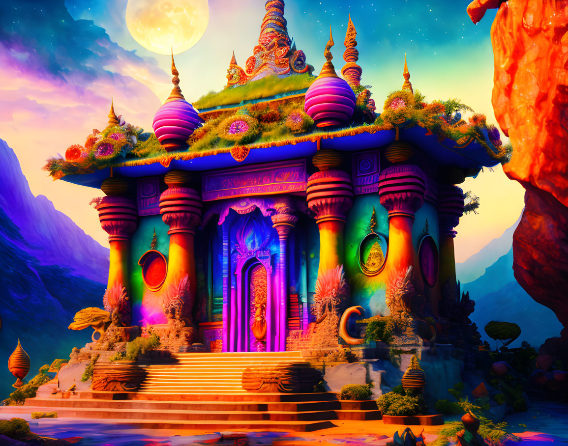 Vibrantly colored fantasy temple under moonlit sky surrounded by mystical cliffs