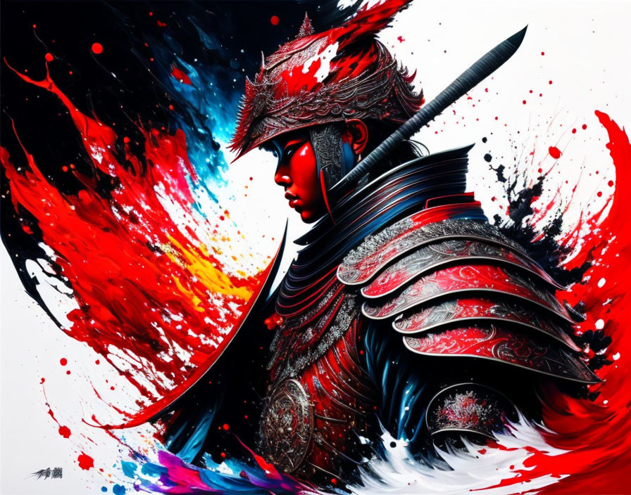 Dynamic red and black warrior digital artwork with ornate armor