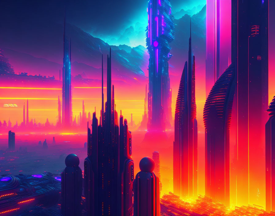 Neon-lit skyscrapers in futuristic cityscape with colorful sky
